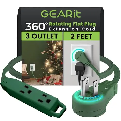 GEARit 2ft 360° Rotating Flat Plug Extension Cord, 3 Outlet Low Profile Power Cord, Space-Saving for Behind Furniture, 16AWG 13A 3 Prong Grounded Indoor Cord, ETL Certified, Green