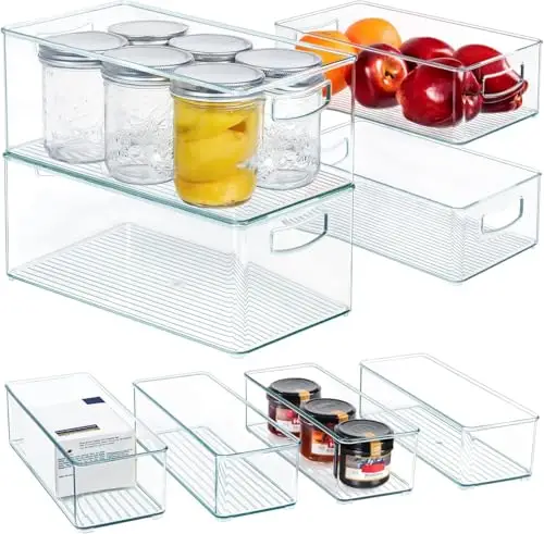 Hudgan 8 PACK Stackable Pantry Organizer Bins (3 Size) - Clear Fridge Organizer for Kitchen, Freezer, Refrigerator, Cabinet - Plastic Storage Container with Handle for Home
