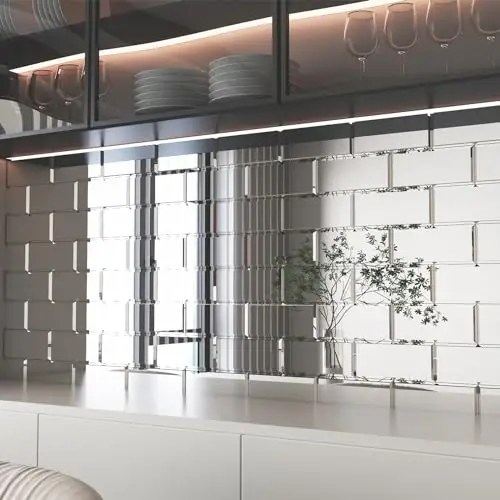 Adedeo Peel and Stick Beveled Mirror Glass Subway Tile Silver 3 x 6 Inch for Kitchen Backsplash Bathroom Wall (40 Pcs)