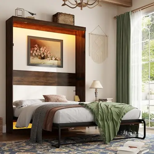 Hlivelood Queen Size Murphy Bed with 2 LED Lights, Farmhouse Wood Hidden Foldable Wall Bed Frame w/Gas Struts, Storage Bed Cabinet for Bedroom, Office, Space-Saving, No Box Spring Needed, Brown