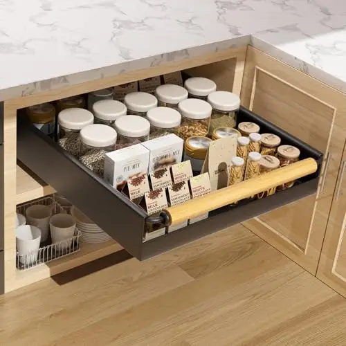 Upesitom Pull Out Cabinet Organizer, 15.3'' Deep Expandable Slide Out Cabinet Organizer Fixed with Adhesive Nano Film, Slide Out Drawers Pull Out Tray for Cabinet in Kitchen, Pantry, Bathroom, Black
