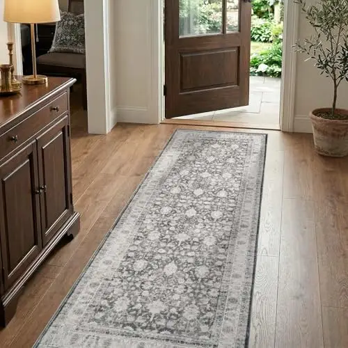 jinchan 2x6 Washable Vintage Runner Rug, Distressed Traditional Floral Kitchen Runner, Soft Low-Pile Non-Slip Floor Mat High-Traffic Aisle Hallway Rug for Entryway Laundry Room Bathroom, Grey