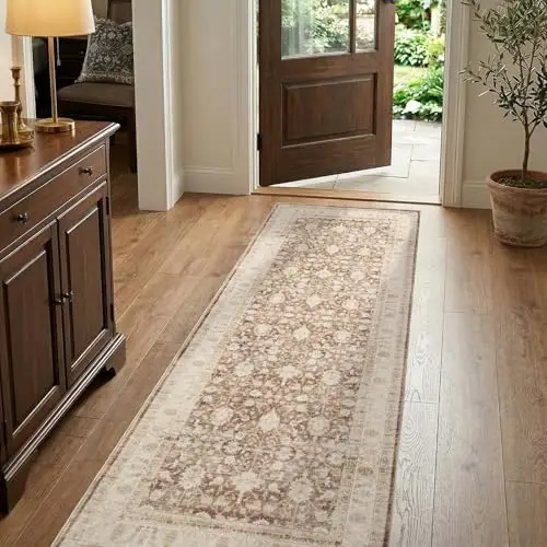 jinchan 2x6 Washable Vintage Runner Rug, Distressed Traditional Floral Kitchen Runner, Soft Low-Pile Non-Slip Floor Mat High-Traffic Aisle Hallway Rug for Entryway Laundry Room Bathroom, Taupe