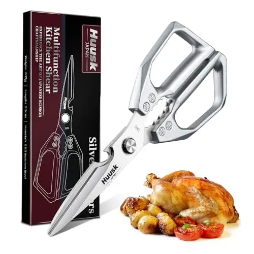 HUUSK Kitchen Scissors All Purpose - Stainless Steel Kitchen Shear, Sharp Silver Meat Scissors Dishwasher Safe, Heavy Duty Poultry Shears, Japanese Cooking Scissor for Food, Christmas Gifts for Women