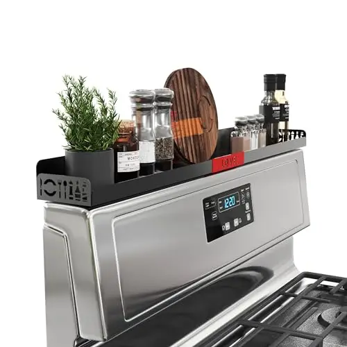 STUTOV 30" Magnetic Stove Top Shelf – Black Spice Rack with Red LOVE Design – Seasoning Organizer for Back of Stove – Over Stove Rack and Kitchen Storage Shelf