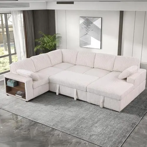 118 inch Oversized U Shaped Sectional Sleeper Sofa with Pull Out Couch Bed , Plush Corduroy Convertible Pullout Sofabed with Storage Chaise & Shelves,6 Seater Corner Couches for Living Room Office