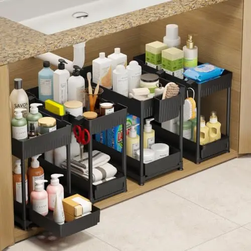 Sevenblue 4 Pack Under Sink Organizer, Bathroom Organizers and Storage, 2 Tier Multi-Use Pull Out Cabinet Organizer with Hang Hooks and Cups (Black, 4 Pack)