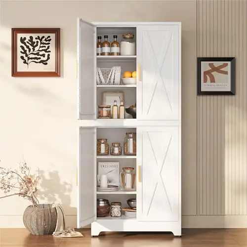 COFaR White 75” Tall Modular Storage Cabinet, Stackable 2-in-1 Metal Cabinet with 4 Doors & 6 Adjustable Shelves, Heavy Duty Pantry Cabinet, Floor to Ceiling Kitchen Organizer with Anti-Tip Kit