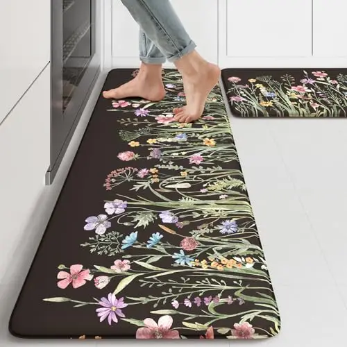 KIMODE Anti Fatigue Mats for Kitchen Floor 17"x47"+17"x29", Farmhouse Floral Kitchen Rugs Sets of 2, Cushioned Kitchen Floor Mats, Non Slip Standing Mat for Sink, Laundry, Office, Desk Black