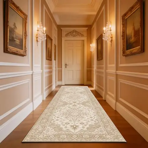 UKELER Hallway Runner Rug 2'7''x10', Non Slip Washable Boho Floral Kitchen Rug Carpet Runner, Durable Low Profile Accent Rugs for Kitchen Hallway Laundry Bedroom Bathroom Hotel Stair, Camel