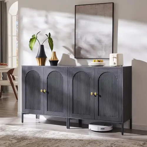 IFBUY Modern Sideboard Buffet Cabinet, 61.75" W Fluted Arched Buffet Cabinet with Storage and Adjustable Shelves, Wooden Modular Coffee Bar Cabinets for Kitchen, Entryway, Dark Grey