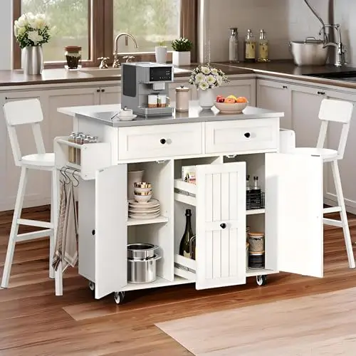 YITAHOME Kitchen Island with Stainless Steel Top, Rolling Kitchen Cart with Seating & Drop Leaf, Movable Island with 2 Bar Stools, Drawers, Spice Rack, Sideboard for Dining Room, White