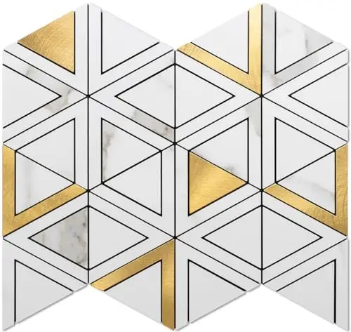 DICOFUN 20-Sheet White Marble Look Triangle Mosaic Tiles Peel and Stick Backsplash for Kitchen, PVC Mixed Metal Gold Chevron Stick on Backsplash Wall Tiles