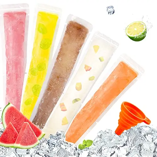 FEBSNOW 120 Disposable Ice Popsicle Bags BPA Free Freezer Tubes With Zip Seals For Snacks,Yogurt Sticks,Juice & Fruit Smoothies,Ice Candy Pops Comes With A Funnel (7.5inches x 2inches)