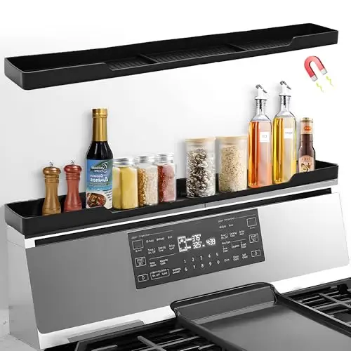 Hugro Tarfive 30 Inch Magnetic Stove Top Shelf | 3-Zone Kitchen Organizer with Anti-Slip & Anti-Fall Design | Heat Resistant (-40°F to 446°F) Food-Grade Silicone Spice Rack for Flat-Top Stoves, Black