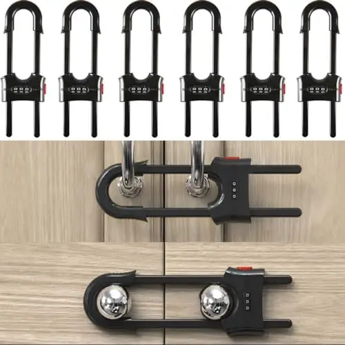FIGEPO 6 Pack Child Proof U-Shaped Code Sliding Cabinet Door Locks Adjustable Baby Safety Plastic Cupboard Cabinet Latches Set for Knob Handle Drawers Closet Black