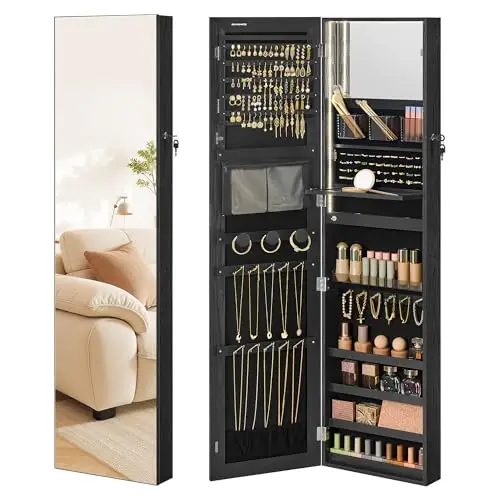 SONGMICS 55 Inches Tall Spacious Jewelry Cabinet, Jewelry Armoire with Light-Up Interior Mirror, Wall or Door Mounted Jewelry Storage Organizer, Lockable, Gift Idea, Black UJJC032BZ01