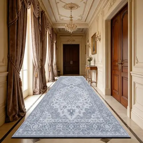 UKELER Hallway Runner Rug 2'7''x8', Non Slip Washable Boho Floral Kitchen Rug Carpet Runner, Durable Low Profile Accent Rugs for Kitchen Hallway Laundry Bedroom Bathroom Hotel Stair, Blue