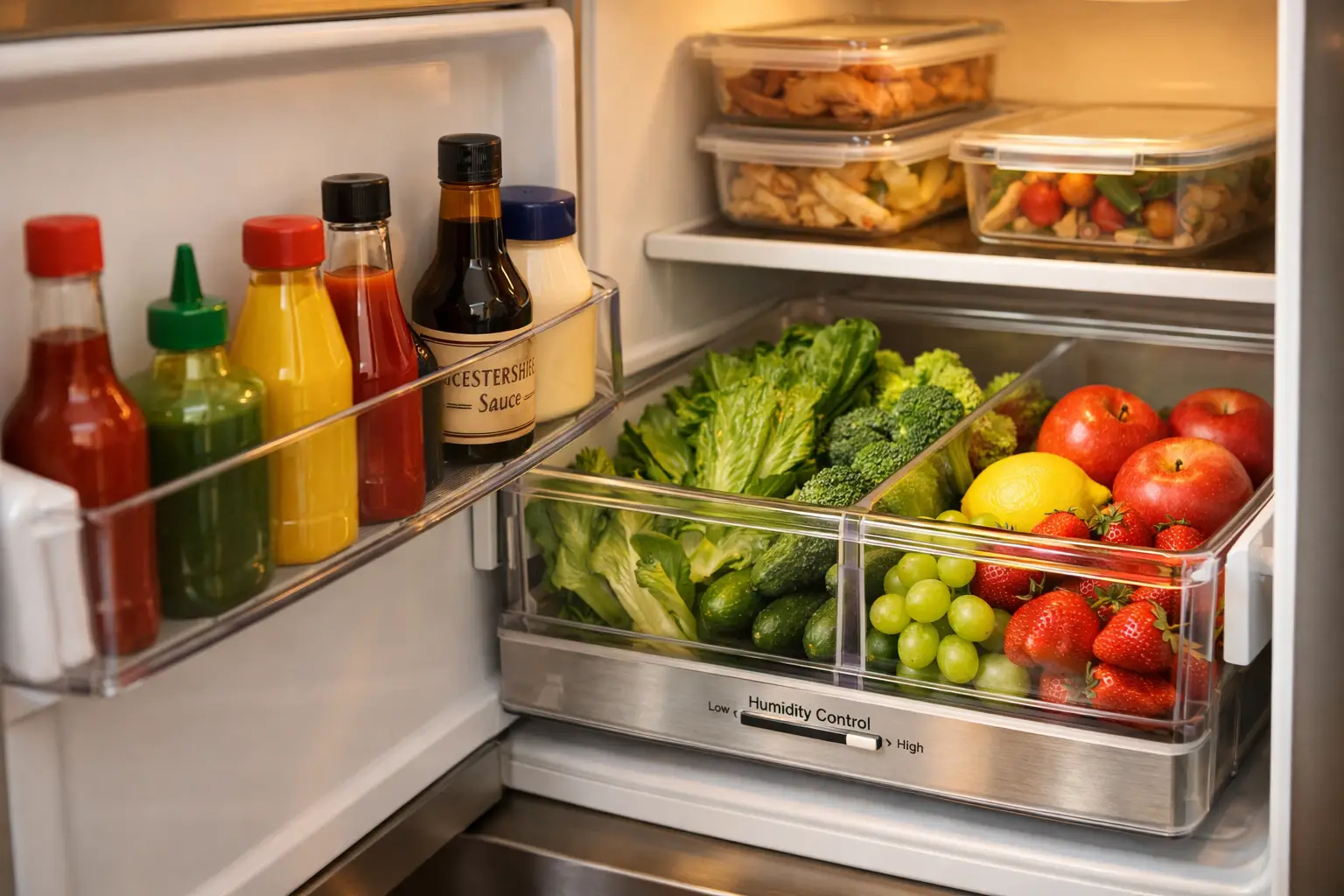 Close-up editorial photograph () of refrigerator door shelves and crisper drawers from a side-angle perspective, showing
