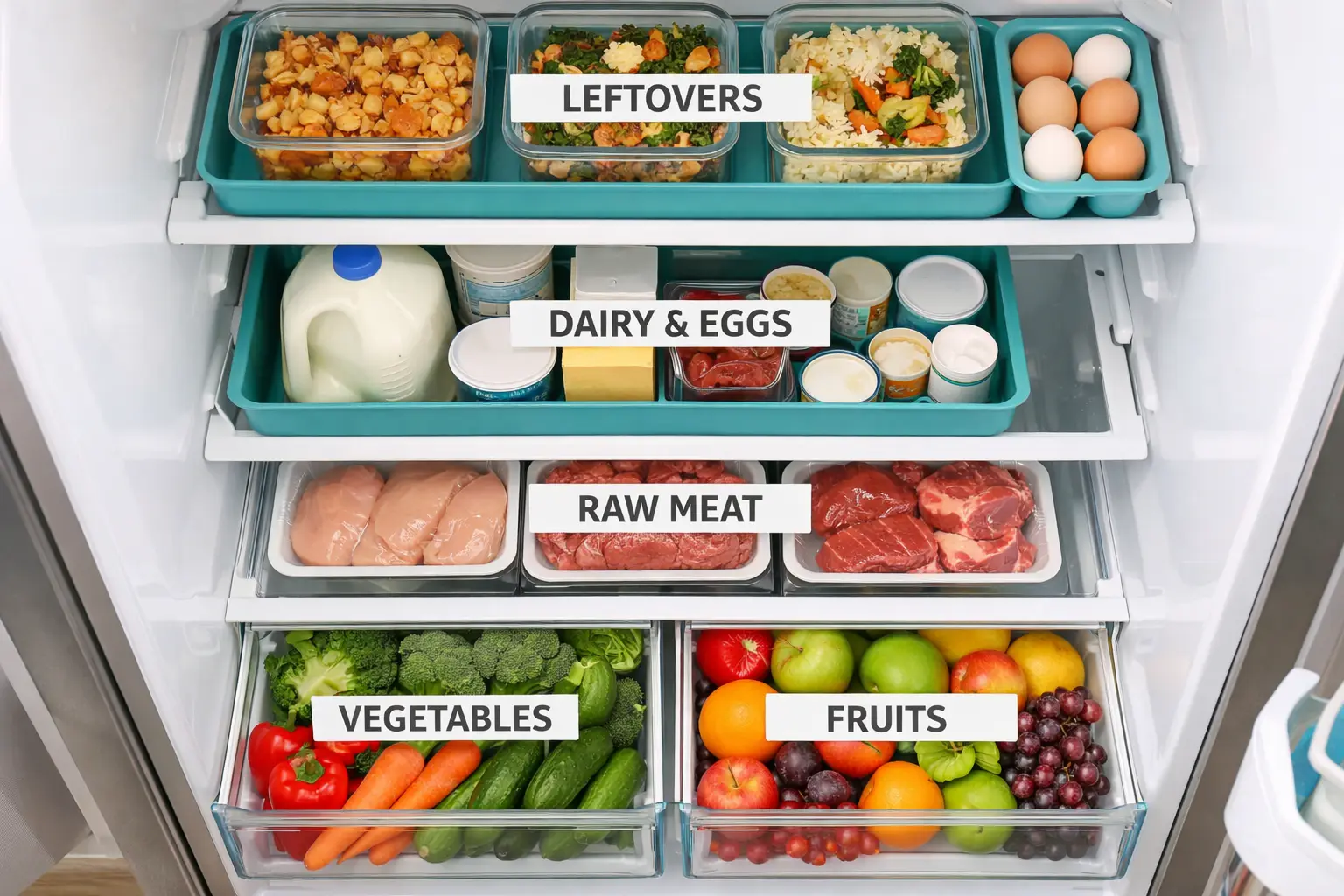 Overhead flat-lay editorial photograph () of a refrigerator interior spread open showing distinct labeled zones: upper shelf