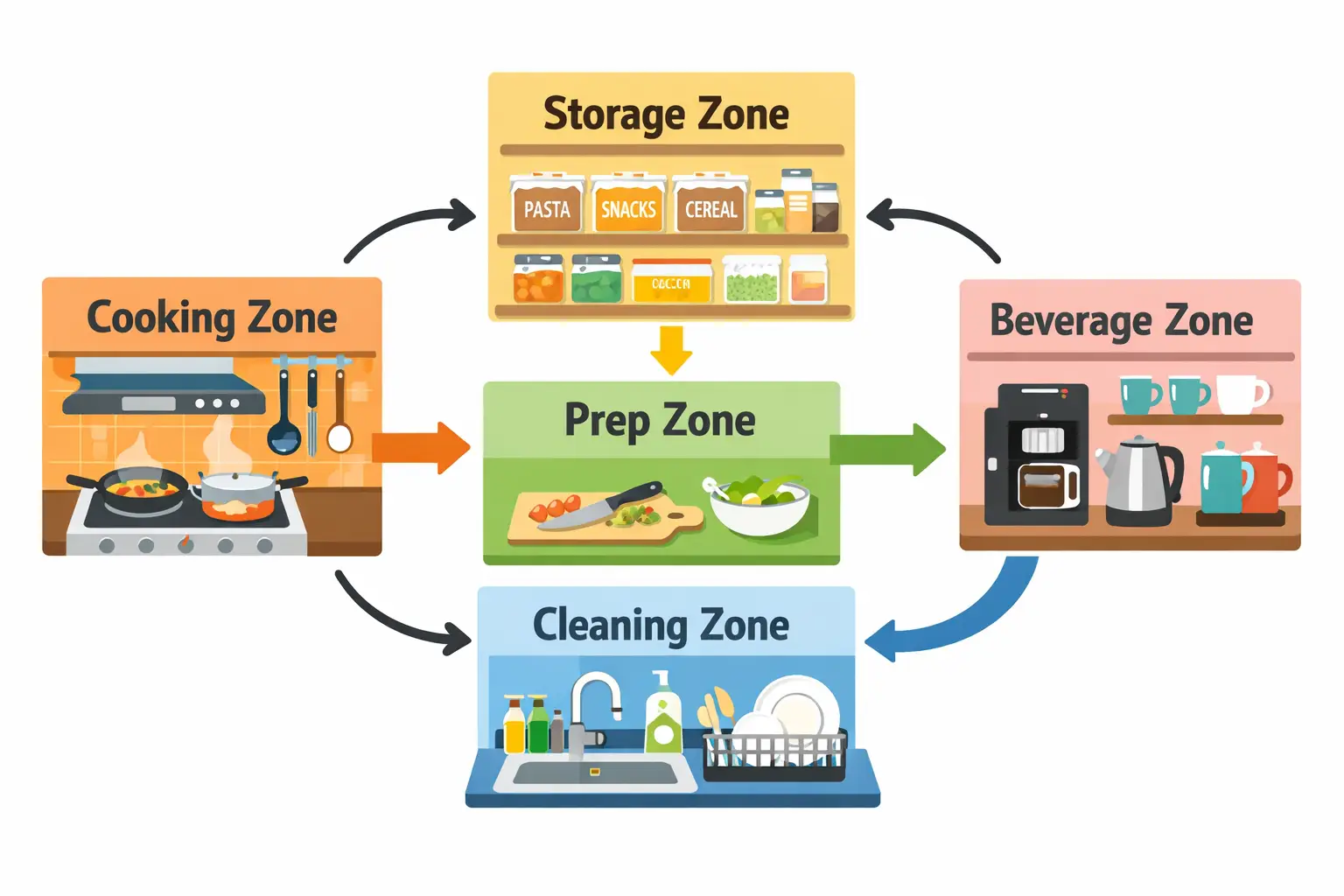 () detailed kitchen zone diagram showing five distinct kitchen areas labeled with typography: Cooking Zone with stovetop and