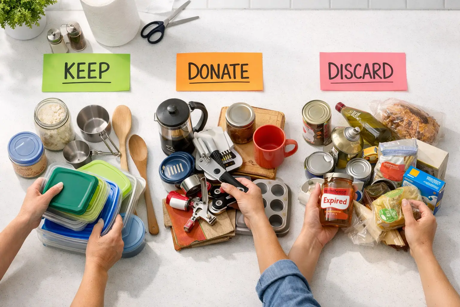 () editorial illustration showing a bird's-eye view overhead shot of a kitchen countertop being cleared and decluttered,