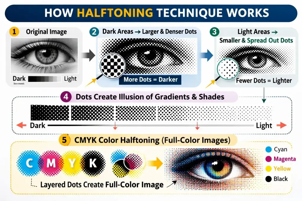 a step by step process explaining how halftoning technique works on an image