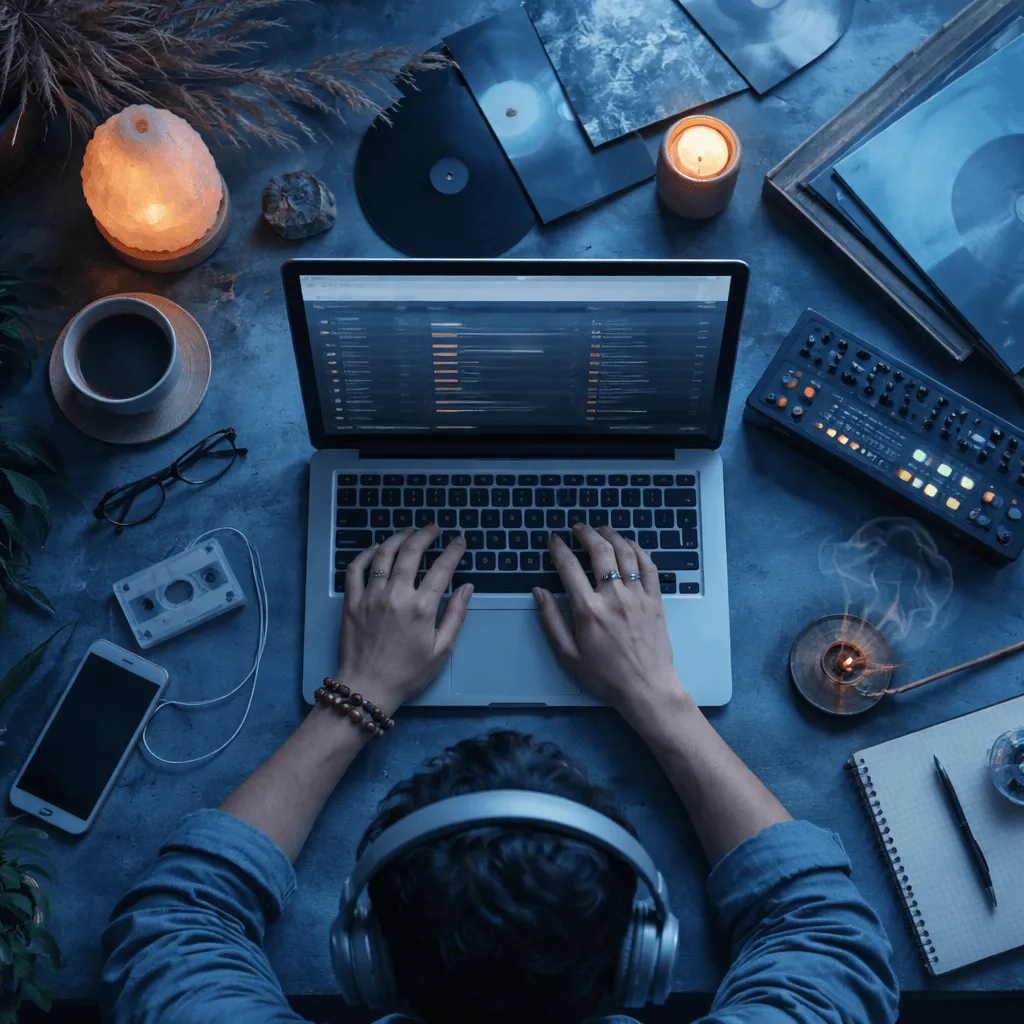 ambient music listener creating a playlist on a laptop