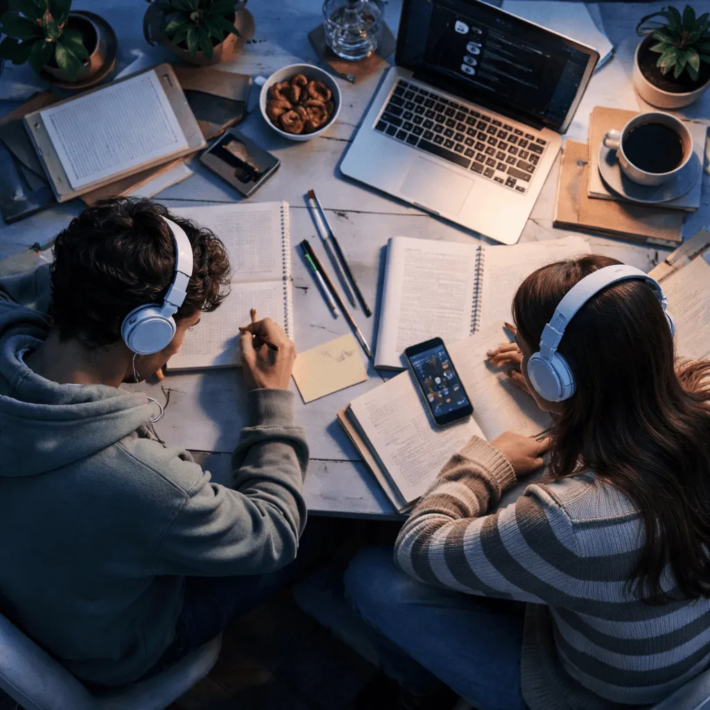 students studying with headphones listening to music