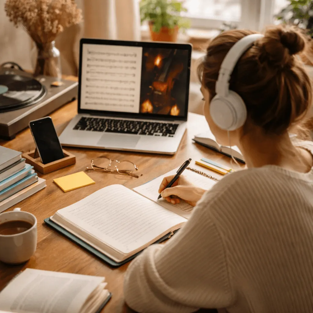 student studying with neoclassical music in the background