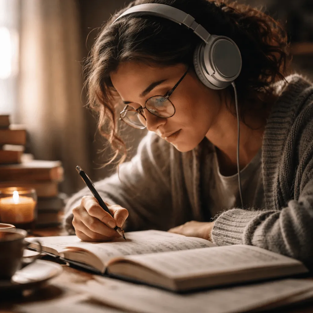 a student studying with headphones on listening to neoclassical music