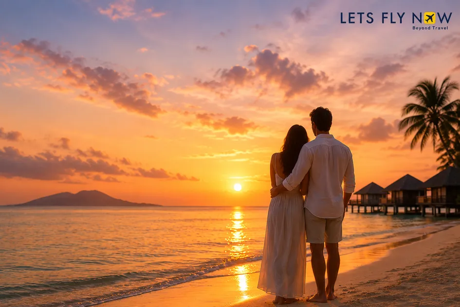 A couple stands arm in arm on a sandy beach at sunset, looking towards the sea. Overwater bungalows and palm trees are visible, with a golden sky and the words “LET’S FLY NOW” in the top right corner.