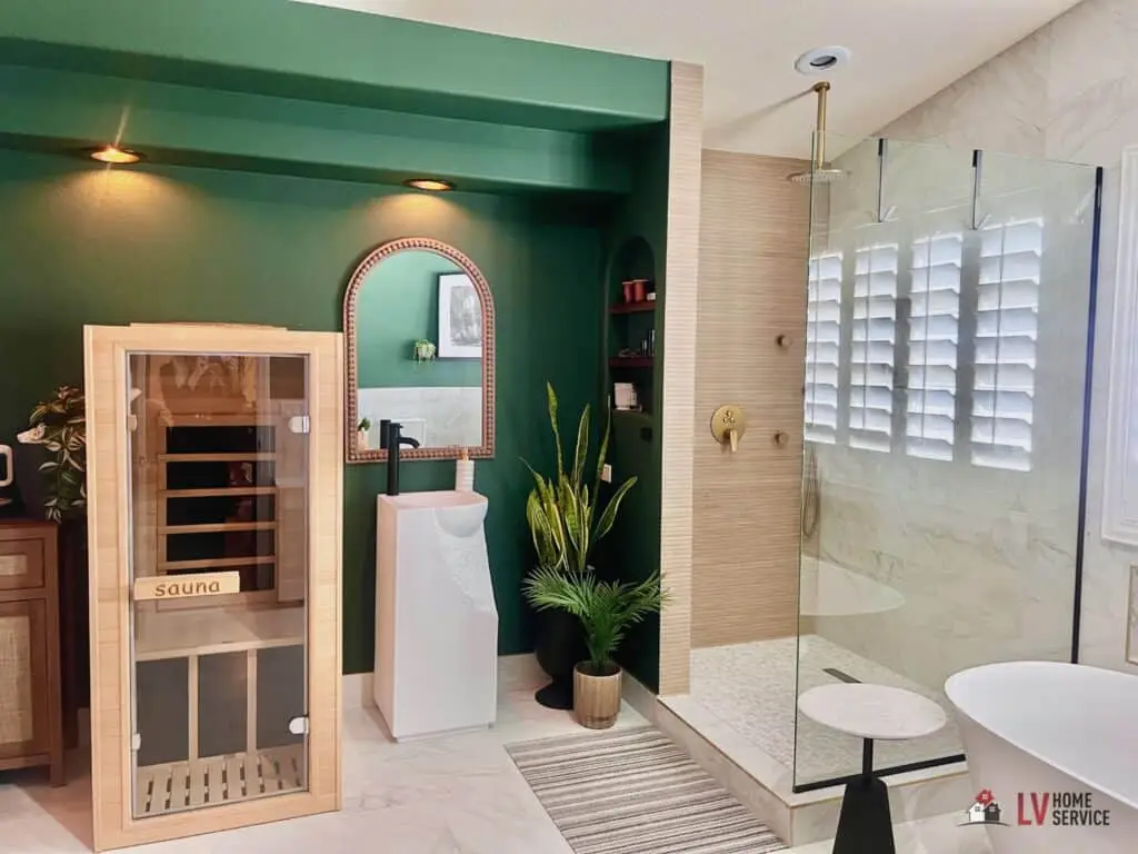 A modern bathroom remodeling featuring a wooden sauna