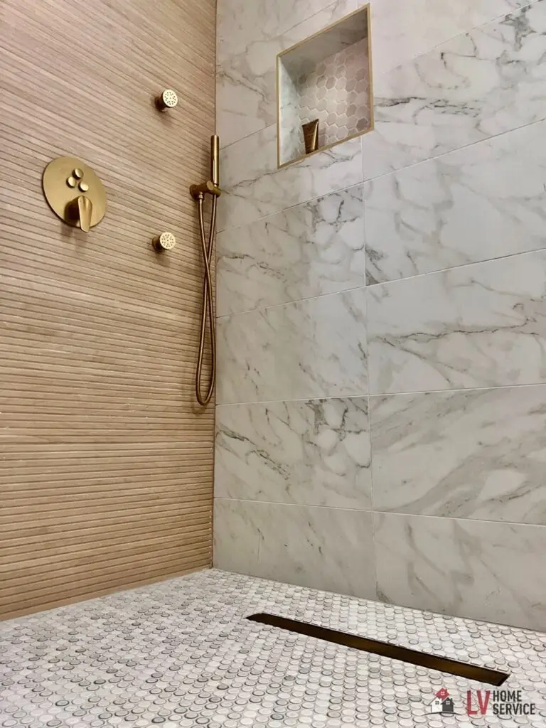 walk in modern shower with marble walls