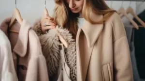 A Person Wearing A Beige Coat Examines A Rack Of Neutral Toned Outerwear, Including A Fluffy Jacket, In A Clothing Store—carefully Avoiding Common Mistakes When Choosing Quality Pieces.