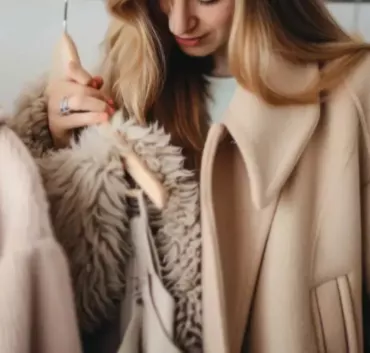 A Person Wearing A Beige Coat Examines A Rack Of Neutral Toned Outerwear, Including A Fluffy Jacket, In A Clothing Storeโcarefully Avoiding Common Mistakes When Choosing Quality Pieces.