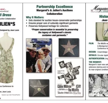 Tri Fold Brochure Highlighting Marilyn Monroeโs Hollywood Heritage, Featuring Images Of Her Iconic Jean Louis Designer Dress, The Designer Label, And Walk Of Fame Stars, Along With Historical Context And Notable Auction Details.