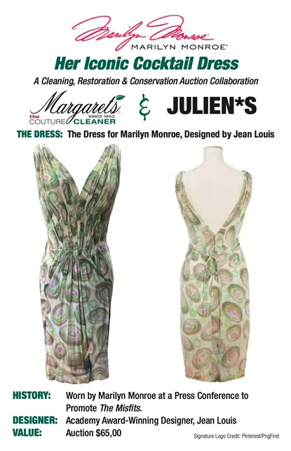 <p>โProper conservation is essential<br /> to preserving the legacy of Hollywoodโs classic costumes and garments.โ</p><p style="text-align: center;font-size: 16px;font-family: inherit"> <strong>VISIT OUR NEW FACILITY</strong><br /> 2272 Westwood Blvd, Los Angeles, CA 90064<br /> (310) 470-9200 </p> Front And Back View Of Marilyn Monroe's Iconic Cocktail Dress, Designed By Jean Louis, With Accompanying Text About Its History And Auction Value.