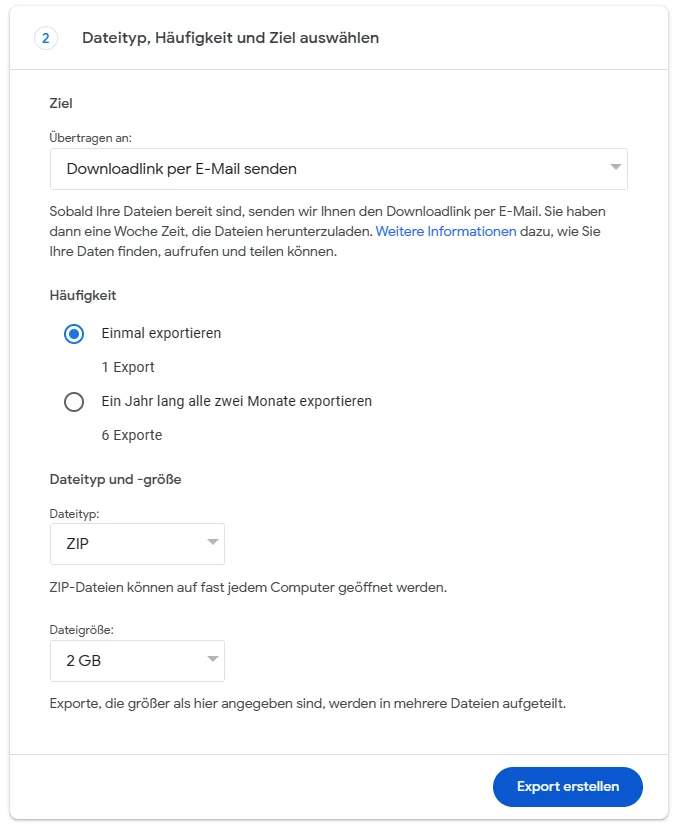 Google Takeout: Backup Einstellungen