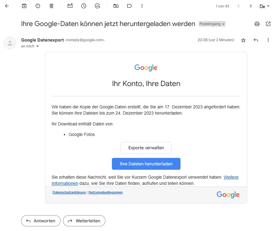 Google Takeout: Die E-Mail Benachrichtigung