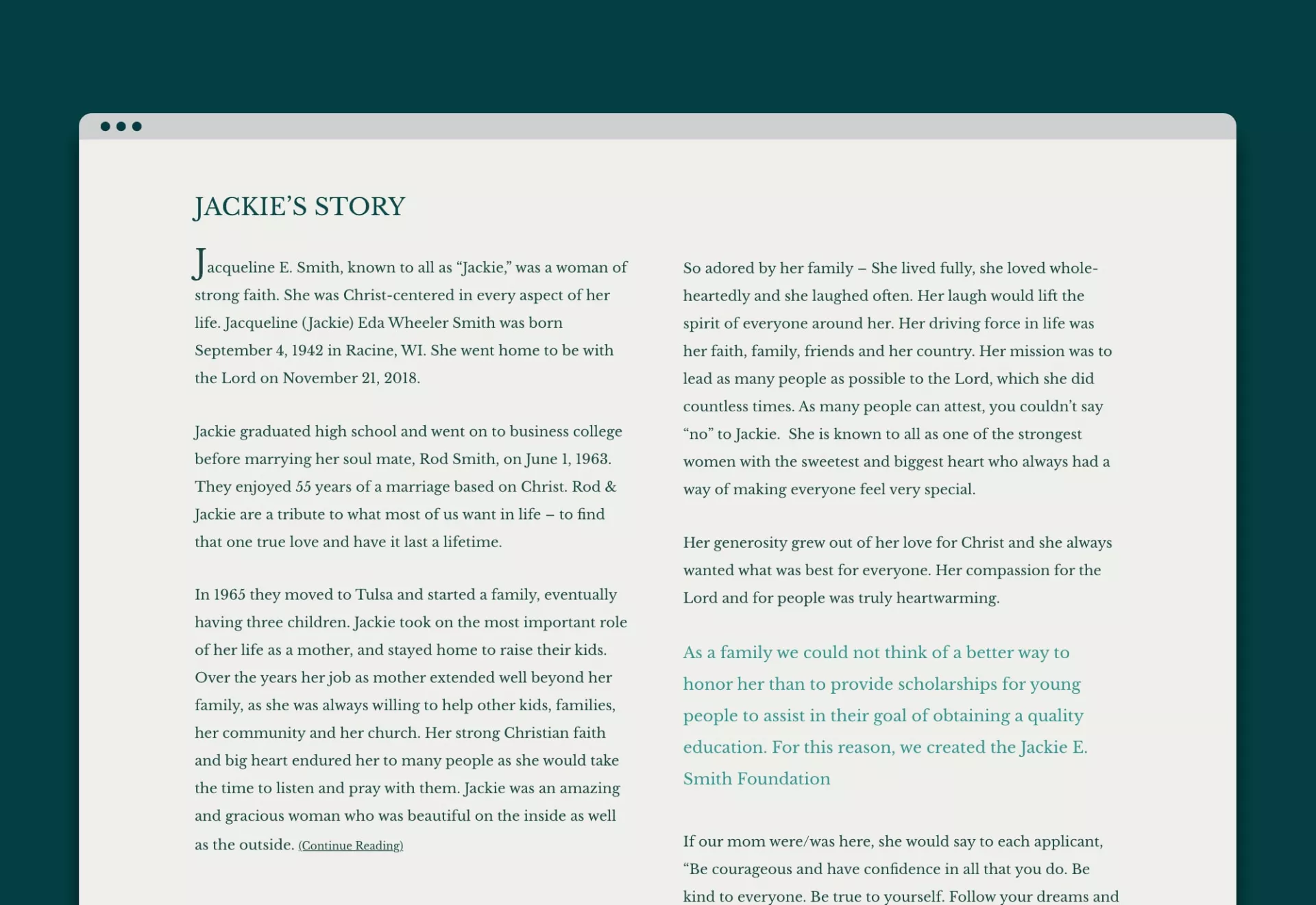Jackie Smith Foundation Website Design & Development Text Layout by Matcha Design Jackie Smith Foundation Website Design & Development Text Layout