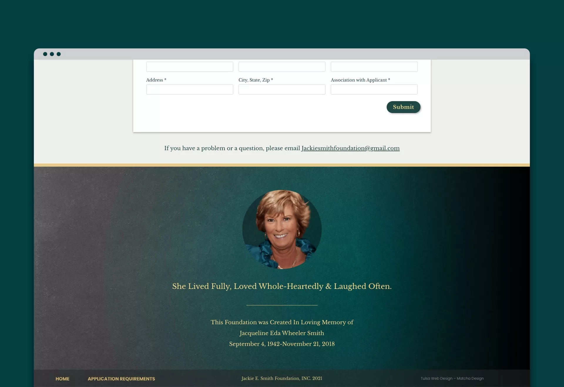 Jackie Smith Foundation Website Design & Development Footer by Matcha Design Jackie Smith Foundation Website Design & Development Footer