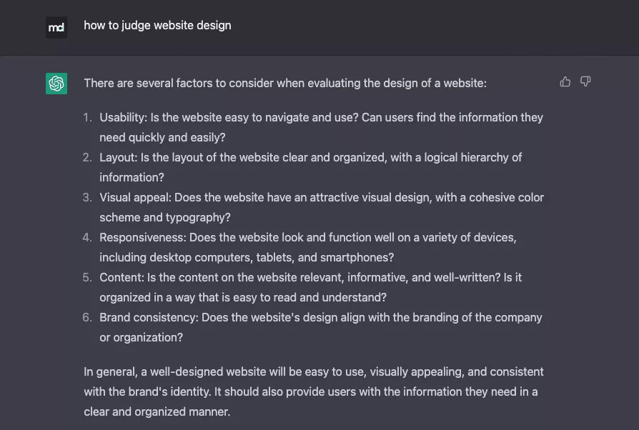 What ChatGPT said on how to judge website design