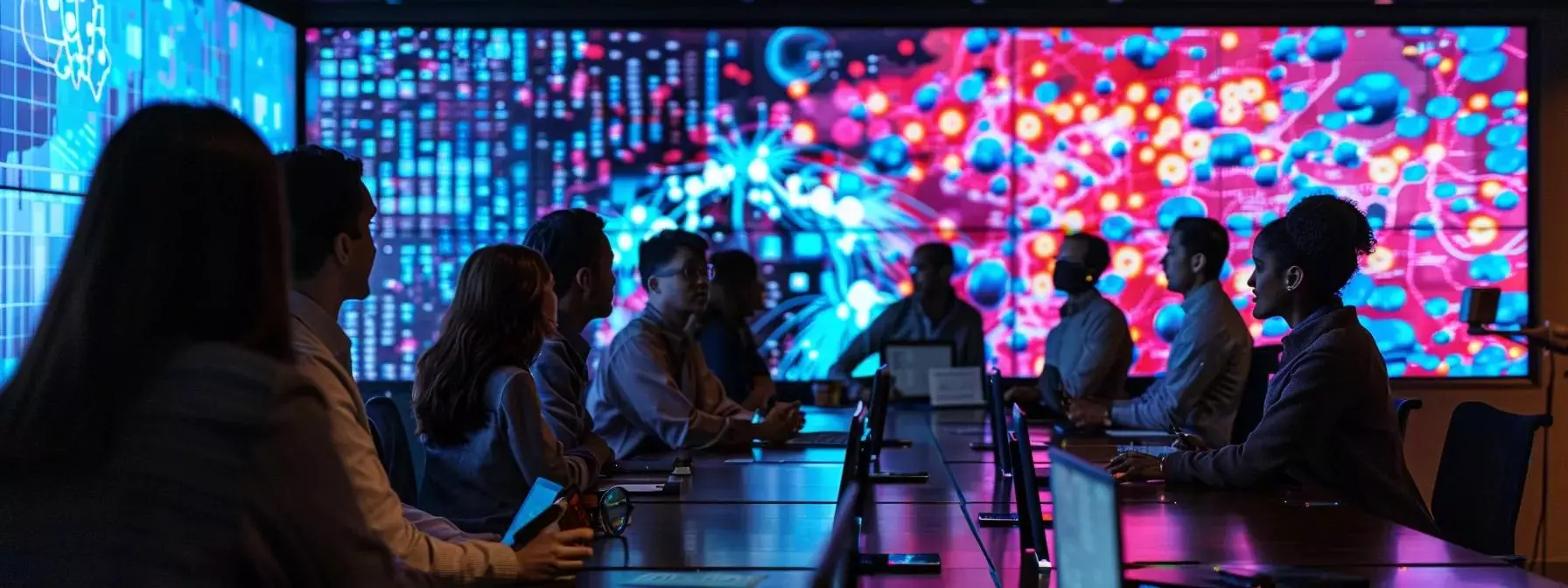 a dynamic urban office setting showcases a diverse group of professionals engaging in animated discussion around digital screens displaying vibrant social media metrics, symbolizing the powerful connection between social media and customer loyalty.