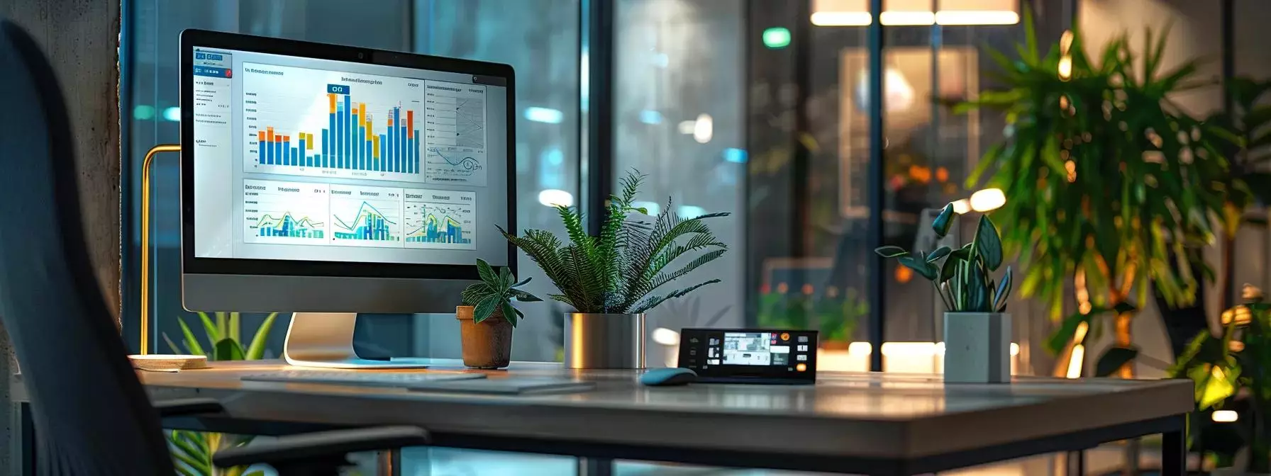 a modern office space featuring a sleek computer setup displaying a vibrant, analytics-focused website dashboard, illuminated by ambient lighting that highlights its role in driving leads and sales.
