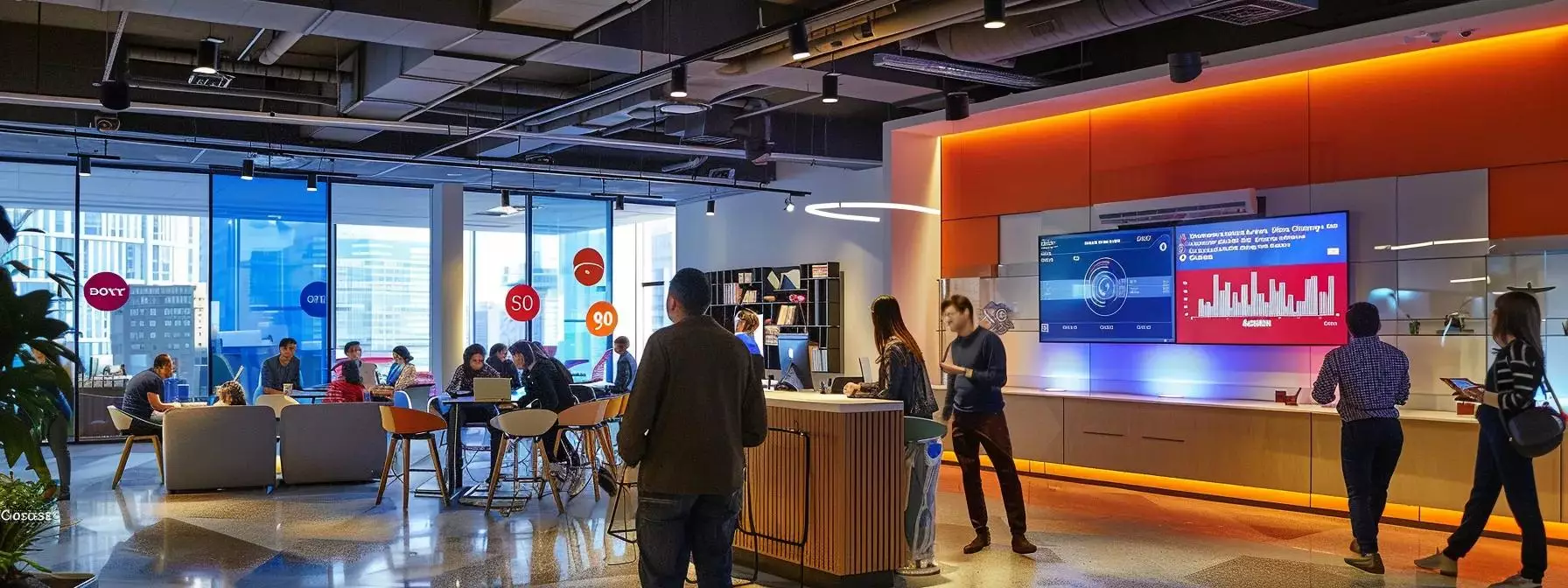 a dynamic office environment features a large digital screen displaying ppc and seo metrics, surrounded by professionals engaged in strategic discussions, illuminated by vibrant overhead lights to emphasize teamwork and innovation.