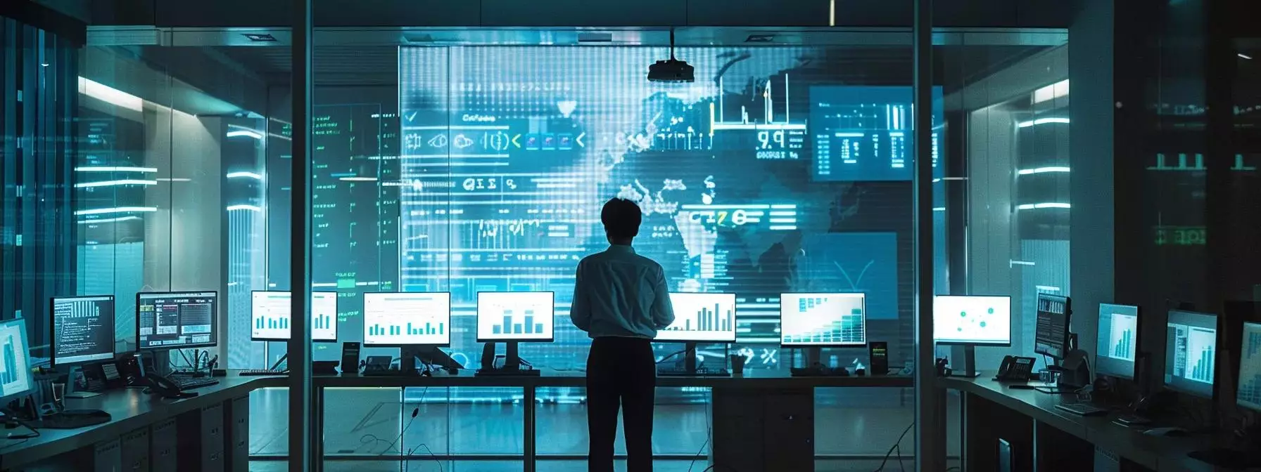 a sleek, modern office environment showcases a focused professional analyzing vibrant crm data on multiple screens, emphasizing the essential role of technology in enhancing service-based business operations.