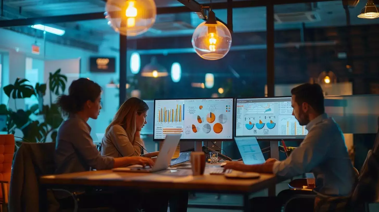 a modern office environment features a diverse team engaged in a dynamic strategy session, analyzing digital marketing metrics on sleek monitors, illustrating the effectiveness of affordable ppc services in driving results.