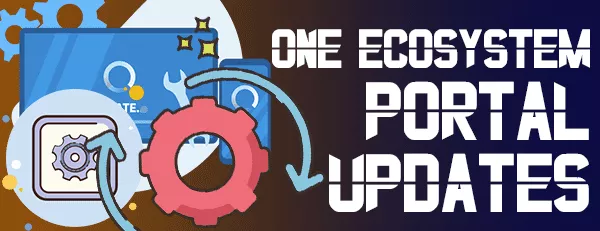 لافتة تحمل نص "تحديث بوابة OneEcosystem" والعتاد والمفاتيح والأجهزة الرقمية المختلفة.