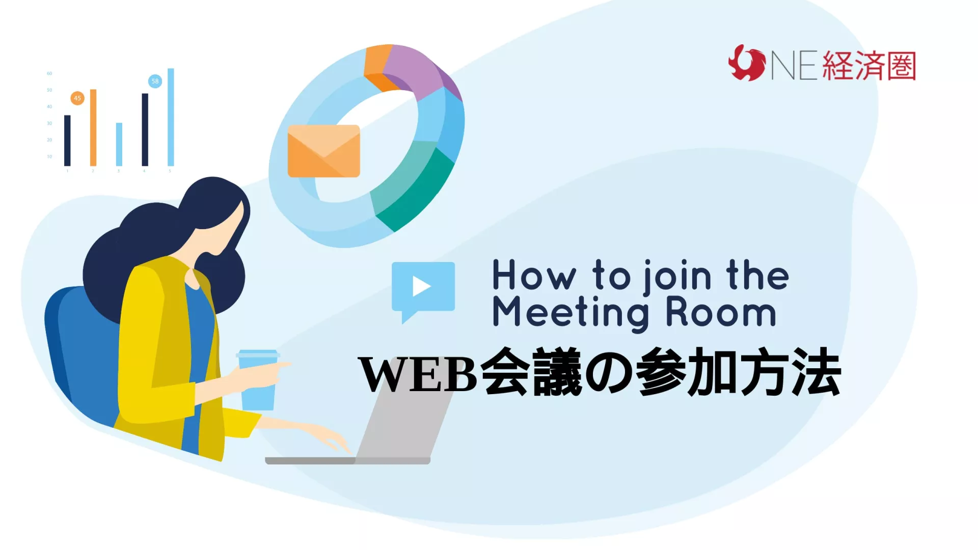 ノート PC を使用している人物のイラスト。グラフ、封筒、再生ボタンのアイコンが付いています。テキストには「ミーティング ルームへの参加方法 Web 会議の参加方法」と書かれており、隅に赤いロゴがあります。